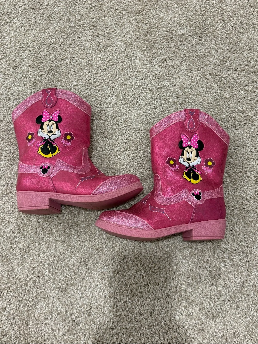 Disney Pink Minnie Mouse Glitter Western Boots Size 10